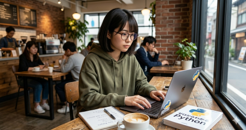 Pythonをノートパソコンで独学する初心者のイメージ