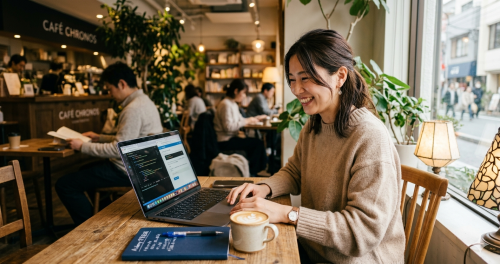 Aidemy Premiumを利用してオンラインで快適にAI学習を進める女性のイメージ