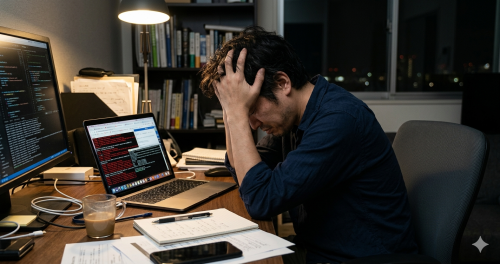オンライン学習のスケジュール管理や課題に悩む男性のイメージ