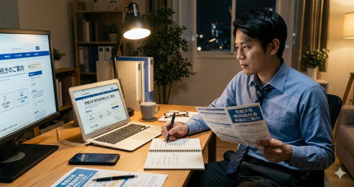 厚生労働省の教育訓練給付金制度について調べる男性の様子