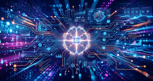 最先端のAI技術とデータ解析をイメージしたデジタルネットワークのグラフィック画像