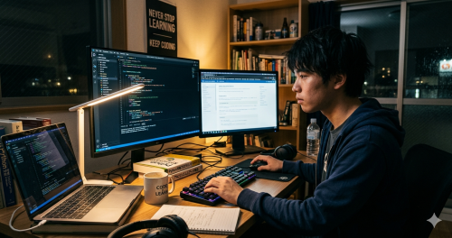 パソコンの画面を前に熱心に学習やプログラミングを行う若者の様子