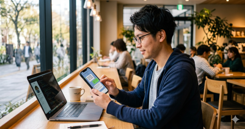 カフェでスマートフォンを使いLINEで転職エージェントと連絡を取るITエンジニア