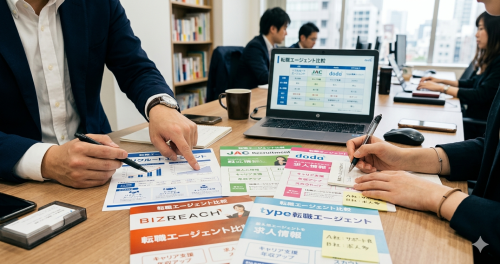 複数の転職エージェントのロゴや資料を比較検討しているビジネスパーソンの手元
