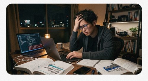 パソコンでAIプログラミングを学びながら悩む若者の姿