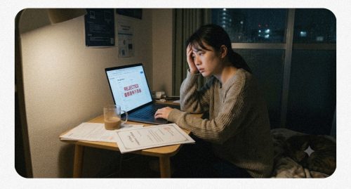 企業の面接で不採用通知を受け取り落ち込む転職活動中の20代"