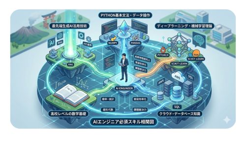 Python、生成AI活用、機械学習、データベース、クラウド、数学基礎のバランスを示した図