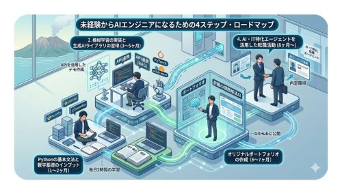 ステップ1からステップ4までの学習と転職活動のタイムライン