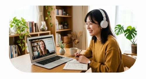 ノートパソコンを開いて笑顔でオンラインレッスンを受ける受講生と講師のイメージ"