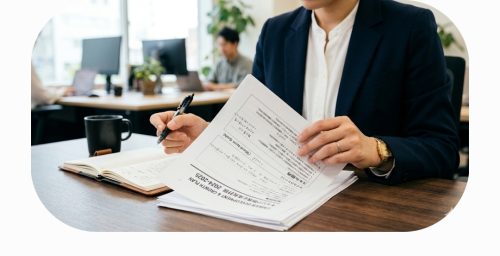 オフィスで真剣にキャリアプランの書類を見つめるビジネスパーソンの手元