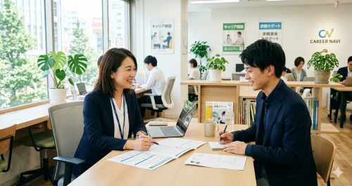明るく清潔なオフィスで、笑顔のスタッフが求職者の相談に親身に乗っている