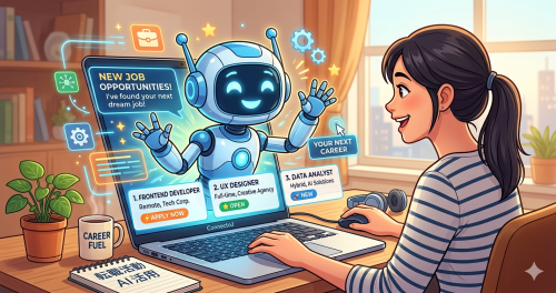 パソコンの画面からAIのロボットが笑顔で新しい仕事を紹介してくれているイラスト
