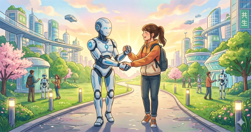 AIロボットと人間ががっちりと握手をして、一緒に未来へ歩んでいく温かいイラスト