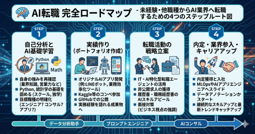 未経験・他職種からAI業界へ転職するための4つのステップルート図