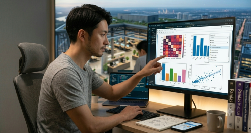 Pythonのライブラリを使ってデータを可視化し分析している様子