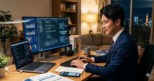 未経験からAIスキルを習得し、副業やキャリアアップを目指して学習するビジネスパーソン