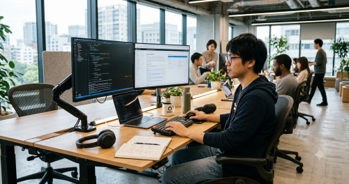 ITエンジニアがデスクでPCに向かいプログラミングを行っている様子