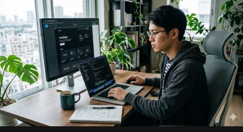 未経験からポートフォリオの作り方を学びWeb制作に取り組む人のイメージ