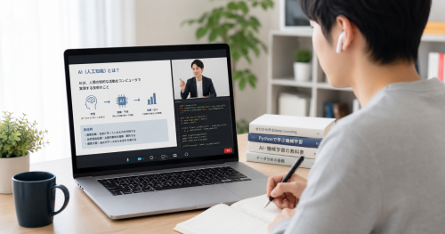 ノートパソコンでAIのコードを書きながら学習するオンラインスクールの受講生