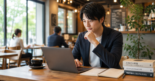 カフェの窓際で集中してプログラミング教材に取り組む男性